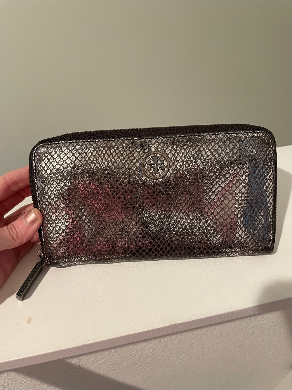 Tory Burch Metallic Gunmetal Snake-Embossed Zip Wallet leather